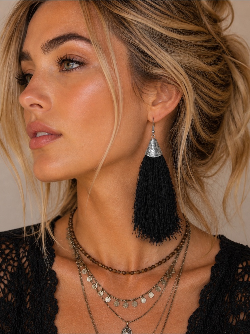 ✨ Black Thread Fringe Tassel Silver Earrings – Bold Boho Statement ✨